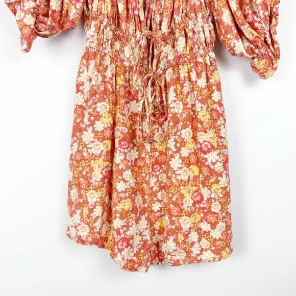 Free People Show Me Love Romper Orange Floral Puff Sleeve Smocked Womens Size S - Picture 6 of 14